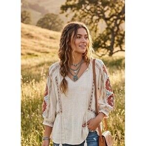 Hummingbird size M flax linen blend embroidered peasant fed all boho western top